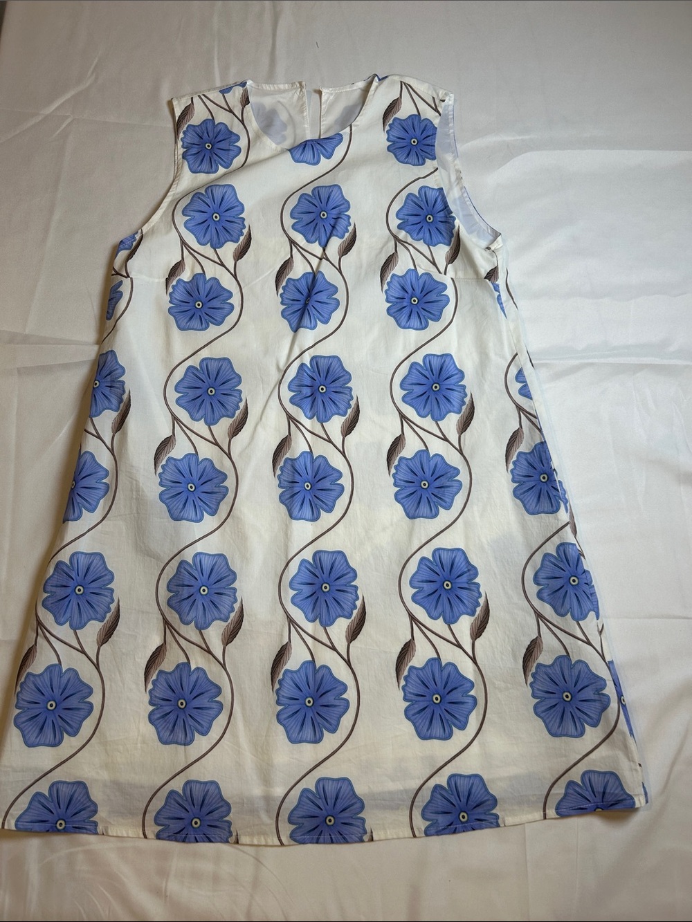 New Sleeveless White Dress with Blue Floral Print